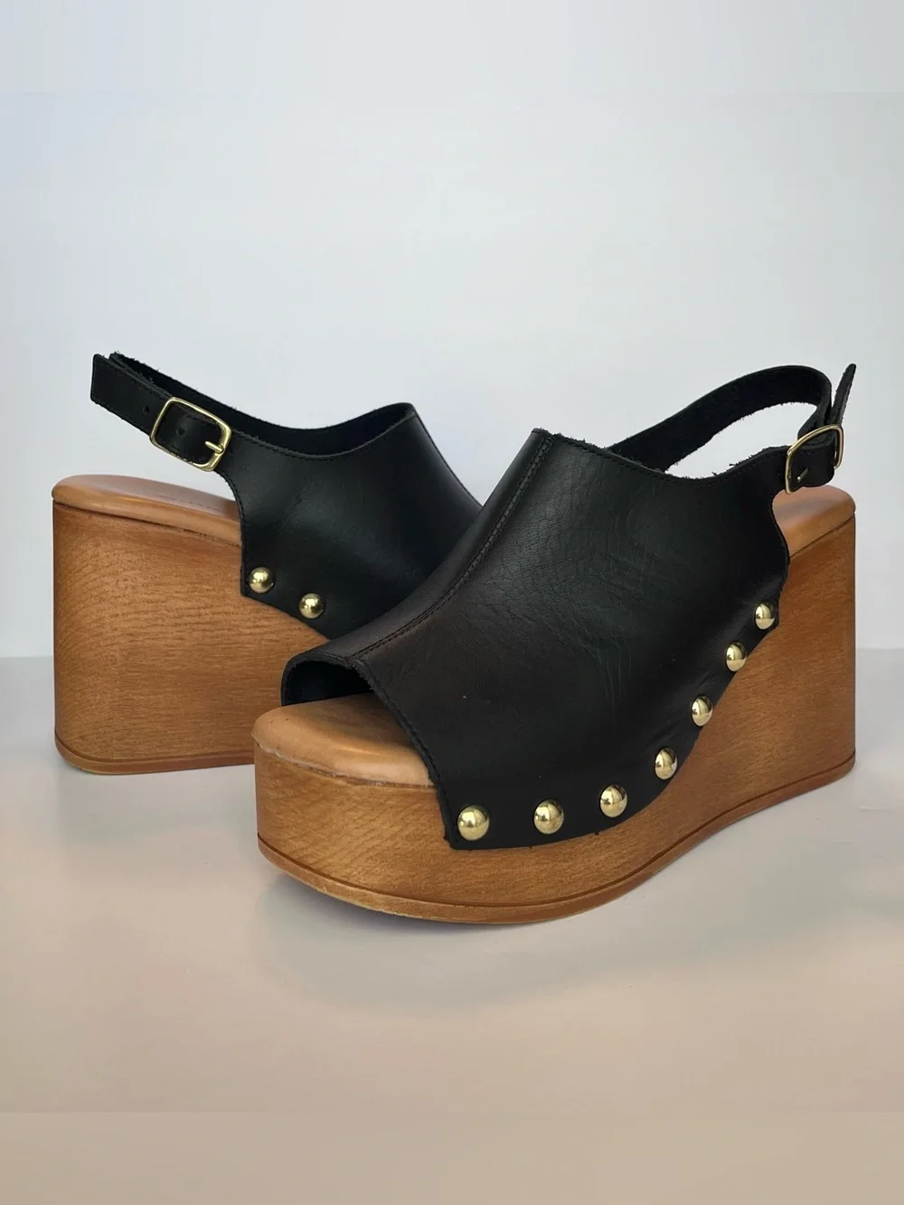 Anthropologie Black Leather Studded Slingback Wedge Sandals Peep Toe US 8 EU 38